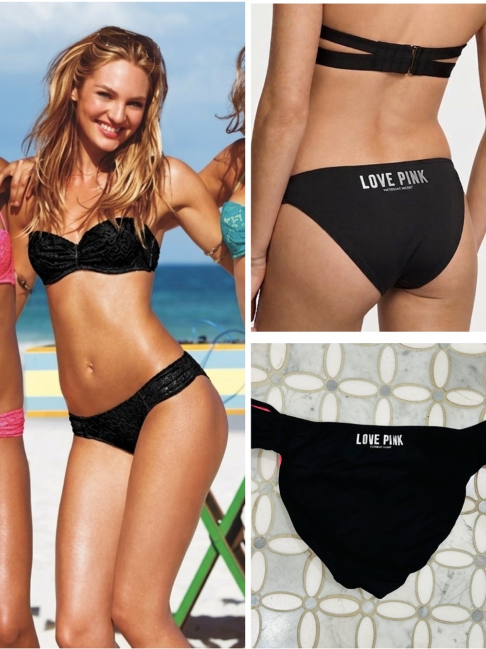 New Rare VS PINK Reversible Black Tropical Pink Cheeky Bikini Bottom Silver Logo